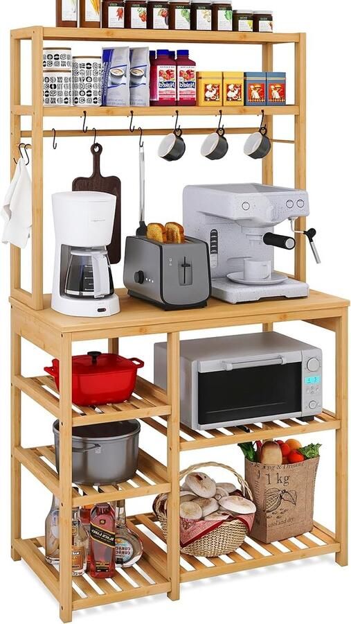 6-laags Bamboe Keuken Bakkersrek – Magnetronstandaard en Koffiebartafel met Opbergplanken en 10 S-vormige Haken 80 cm Breed (Natuurlijke Afwerking)