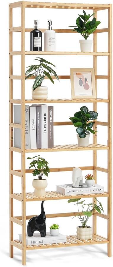 6-laags Bamboe Rek Open Houten Boekenrek Presentatie- en Opslagrek Vrijstaande Plantenstandaard Multifunctioneel Bamboe Boekenrek voor Badkamer
