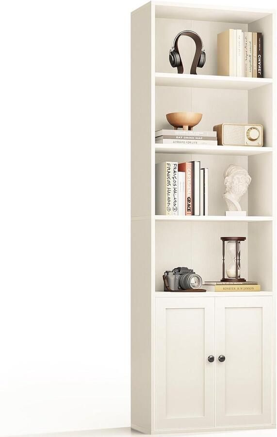 6-laags boekenkast met deuren en kastje – Vloerstaand boekenrek voor huis kantoor of woonkamer wit 48×24×176 4 cm