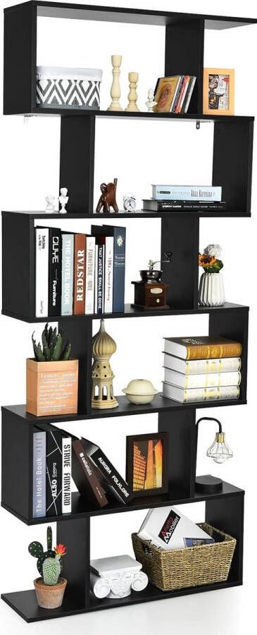 6-Laags boekenkast vrijstaande S-vormige boekenplank met anti-kantelbeveiliging houten plank voor boeken foto's en planten multifunctionele decoratieve schappen voor thuis en kantoor (Zwart)