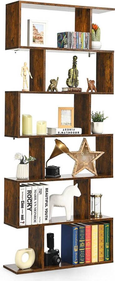6-Laags boekenkast vrijstaande S-vormige boekenplank met anti-kantelbeveiliging houten plank voor boeken foto's en planten multifunctionele decoratieve schappen voor thuis en kantoor (Bruin)
