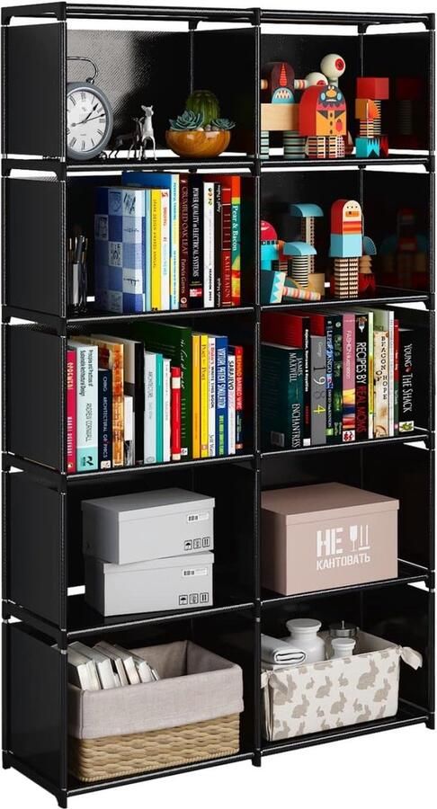 6-laags draagbare boekenplank met stoffen doek aan de achterkant 10 kubuskast opbergorganizer boekenkast woonkamer studeerkamer slaapkamer zwart