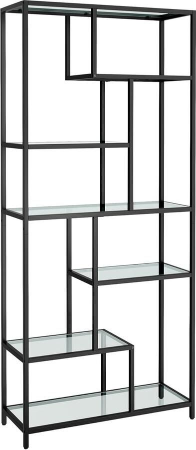 Sierra Boekenplank 6-laagse hoge boekenkast plantenstandaard displayplank 30 x 80 x 180 cm gehard glas voor studeerkamer kantoor woonkamer slaapkamer keuken Simply Black