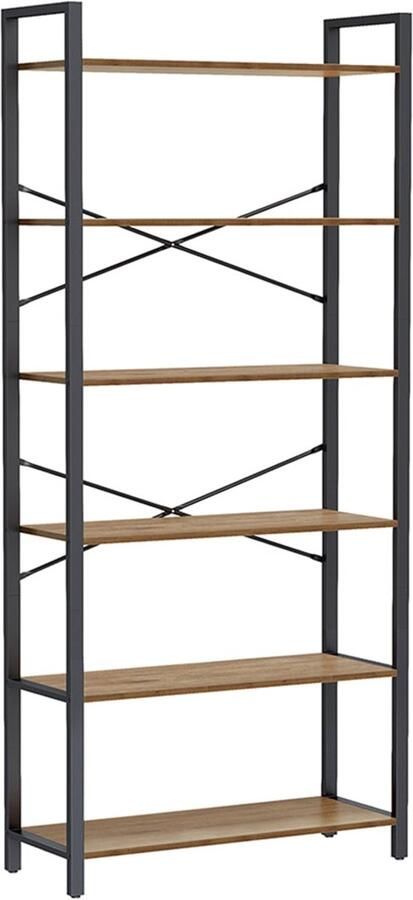 6 Level boekenkast boekenplank Opslagplank Duurzame houten spaanplaat en staal 30 x 80 x 186 cm Brown -zwart
