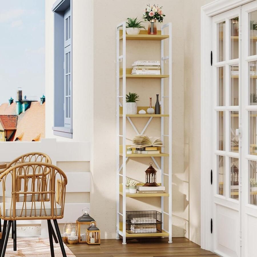 6-niveaus vloerstaande boekenkast met 4 haken houten en metalen frame industriële hoge plank opslag voor woonkamer en thuiskantoor wit en eiken