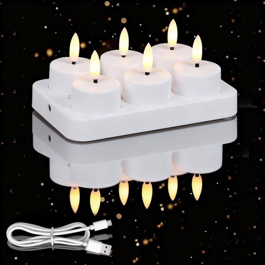 6 Oplaadbare theelichtjes met laadstation theelichtjes kaarsen voor kamer woonkamer Halloween Kerstmis tafel feestdecoratie(Geen afstandsbediening)