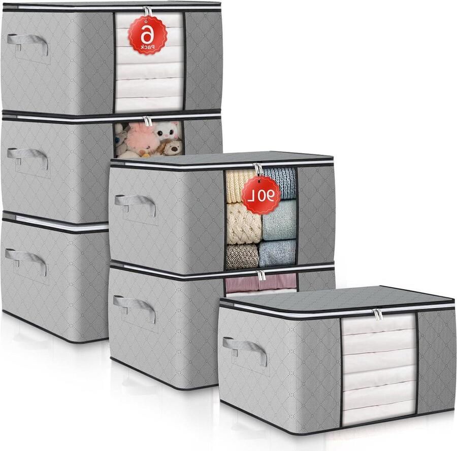 6 Pack 90L Opbergdozen Ruimtebesparend 6 stuks Grijs Kunststof 90 liter