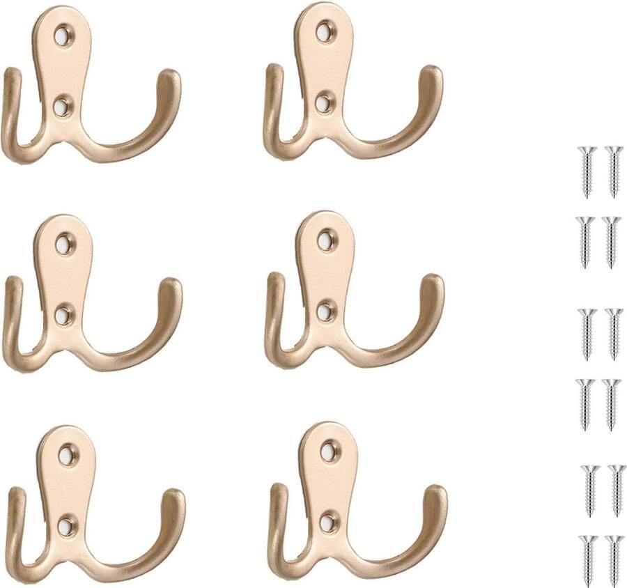 6-Pack Dubbele Haken Muurbevestigde Haken Garderobe Kledinghaken Meubel Dubbele Haak Accessoires Metalen Vintage Kapstokhaken Met Schroeven Voor Slaapkamer Badkamer Keuken Voor Het Ophangen van Hoeden Kleding Handdoeken mat zilver - Foto 6