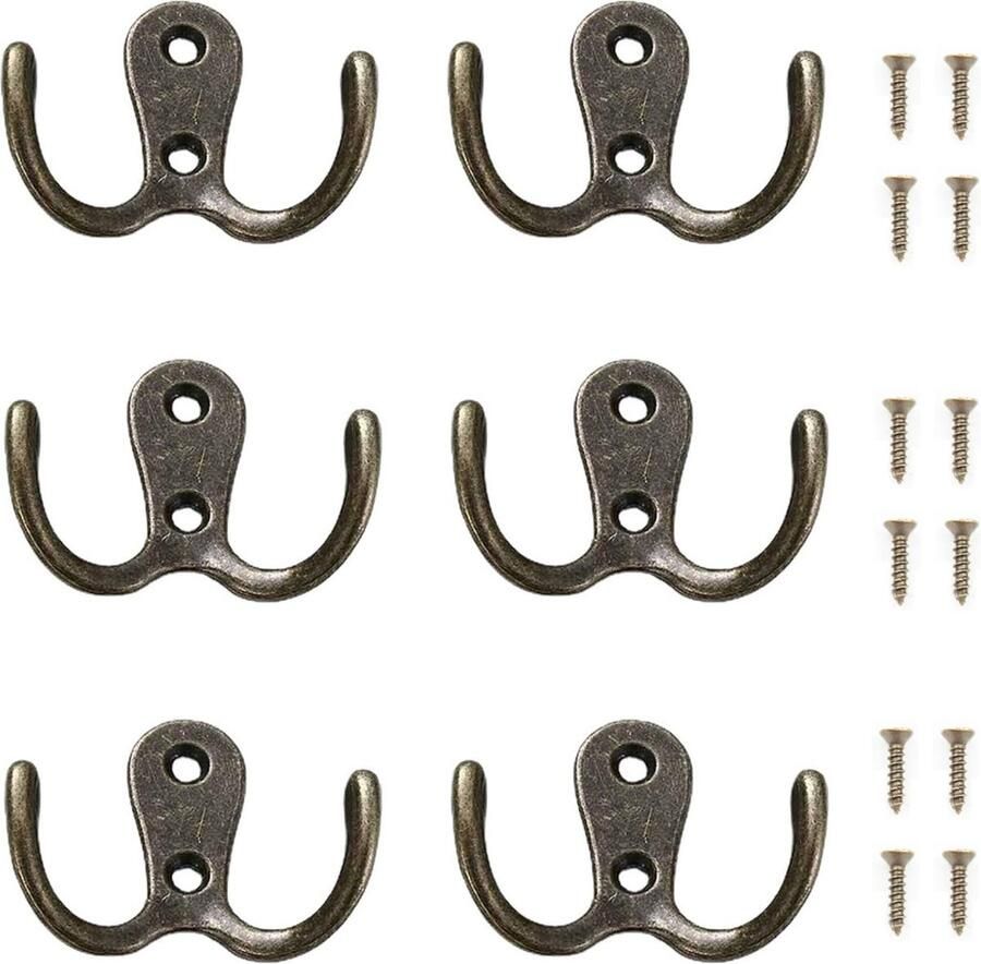 6-Pack Dubbele Haken Muurbevestigde Haken Garderobe Kledinghaken Meubel Dubbele Haak Accessoires Metalen Vintage Kapstokhaken Met Schroeven Voor Slaapkamer Badkamer Keuken Voor Het Ophangen van Hoeden Kleding Handdoeken mat zilver