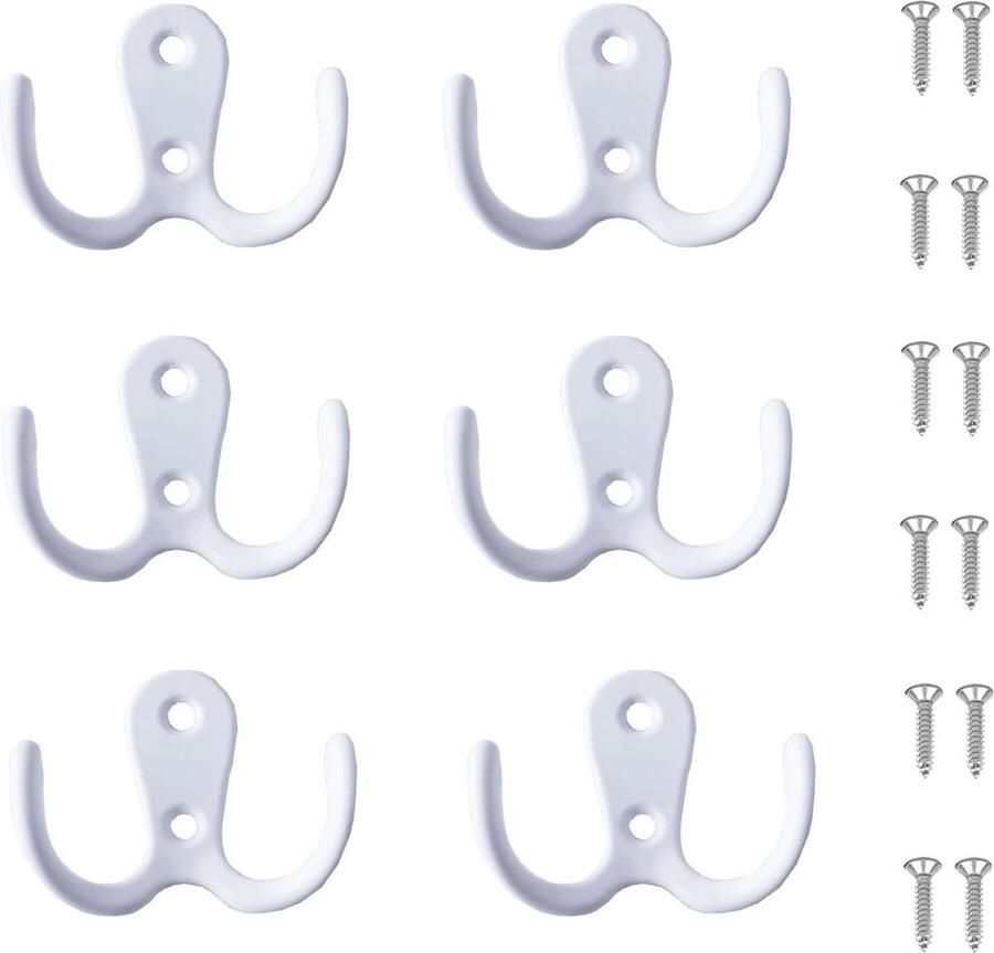 6-Pack Dubbele Haken Muurbevestigde Haken Garderobe Kledinghaken Meubel Dubbele Haak Accessoires Metalen Vintage Kapstokhaken Met Schroeven Voor Slaapkamer Badkamer Keuken Voor Het Ophangen van Hoeden Kleding Handdoeken mat zilver - Foto 5
