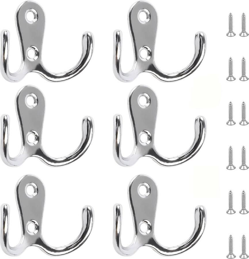 6-Pack Dubbele Haken Muurbevestigde Haken Garderobe Kledinghaken Meubel Dubbele Haak Accessoires Metalen Vintage Kapstokhaken Met Schroeven Voor Slaapkamer Badkamer Keuken Voor Het Ophangen van Hoeden Kleding Handdoeken mat zilver - Foto 4