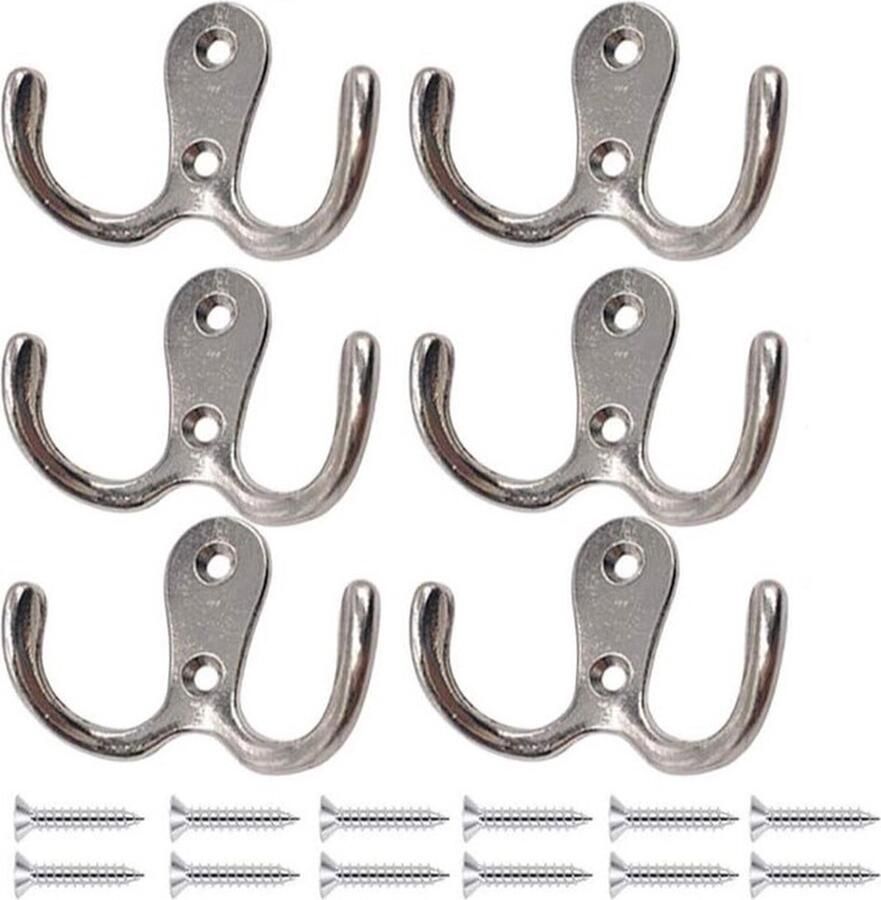 6-Pack Dubbele Haken Muurbevestigde Haken Garderobe Kledinghaken Meubel Dubbele Haak Accessoires Metalen Vintage Kapstokhaken Met Schroeven Voor Slaapkamer Badkamer Keuken Voor Het Ophangen van Hoeden Kleding Handdoeken mat zilver - Foto 2