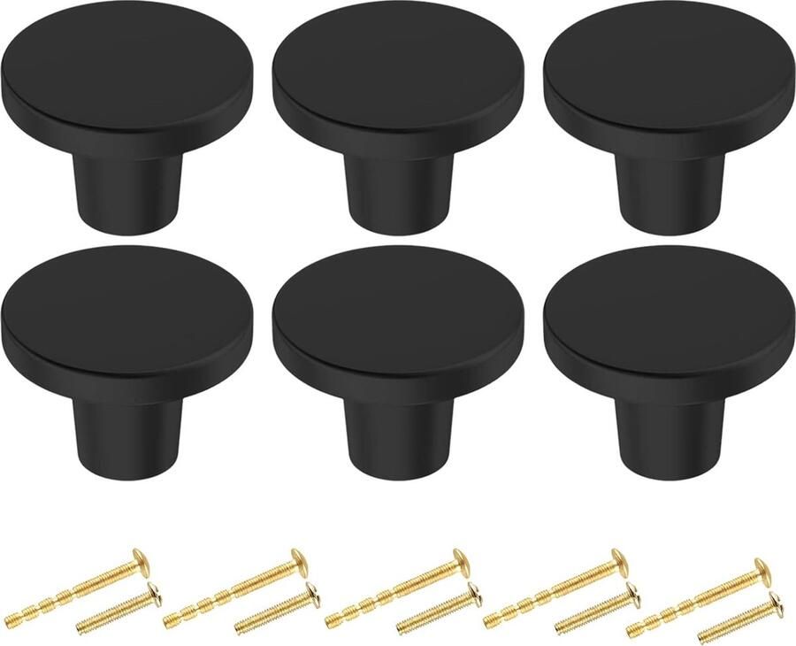 6 Pack Keukenkastknoppen 3 cm zwarte dressoir knoppen mat zwarte ladeknoppen solide ronde kast hardware voor kast ladedeur