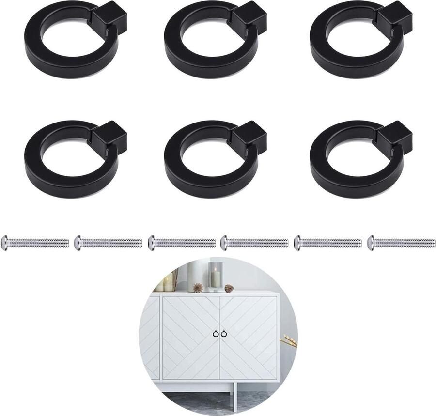 6-pack Ladeknoppen in Zwart voor Keukenkasten en Dressoirs met Schroeven