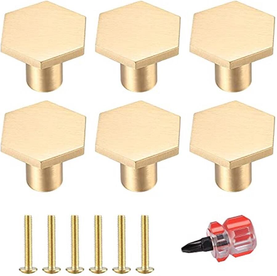 6-pack Messing Kastknoppen Hexagonale Meubelknoppen voor Keuken en Laden