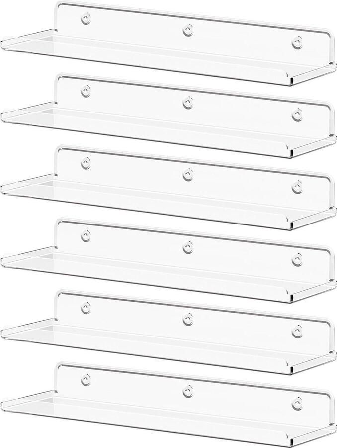 6-Pack Transparante Acrylplanken 15 Inch Hangende Planken voor Boekenkast Vinyl Platen Display Foto's Slaapkamer Woonkamer Badkamer Keukenopslag