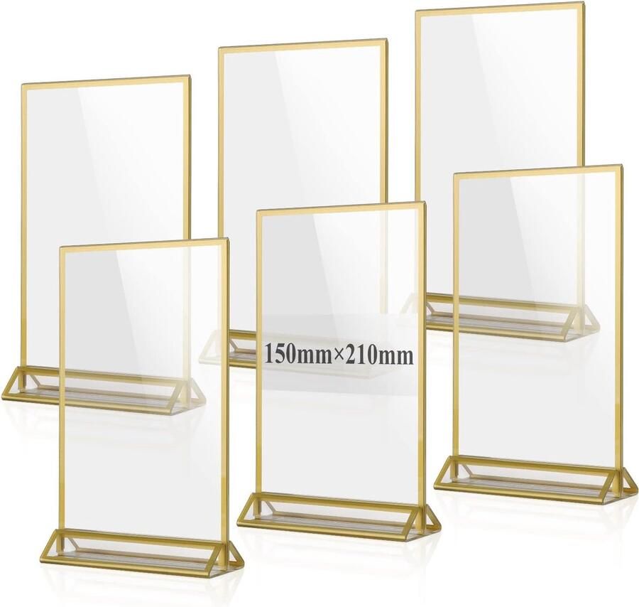 6 Pieces Acrylic Table Stand A5 Double-Sided Picture Frame Plexiglass Menu Card Holder Gold T Stand Desk Stand Photo Frame voor Foto's Bruiloft Nummering Café en Restaurant Decoratie