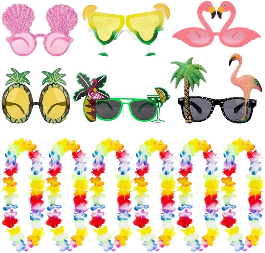 6 Pieces Colorful Hawaiian Garlands Flowers 6 Pieces Hawaiian Glasses Funny Decoration Photo Props Party Birthday Summer Beach Ferragosto Retirement