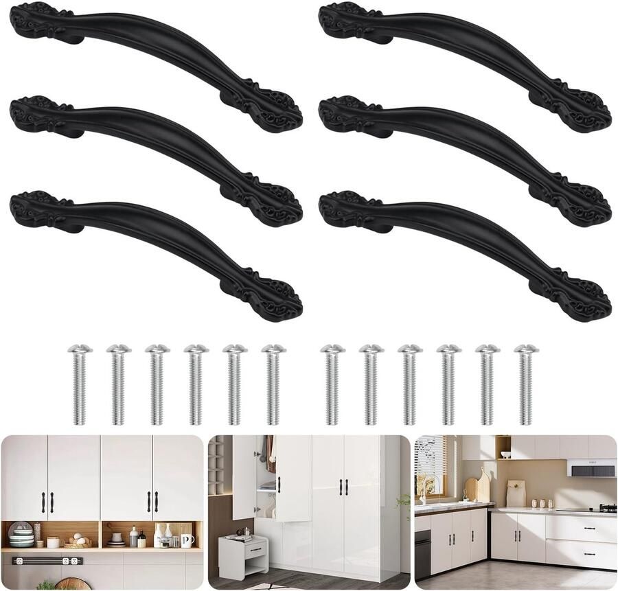 6 Pieces Drawer Handles Vintage Furniture Handles Hole Spacing 64mm Retro Cabinet Handle Black for Garden Door Kitchen Cabinet Doors Drawer Handles Black