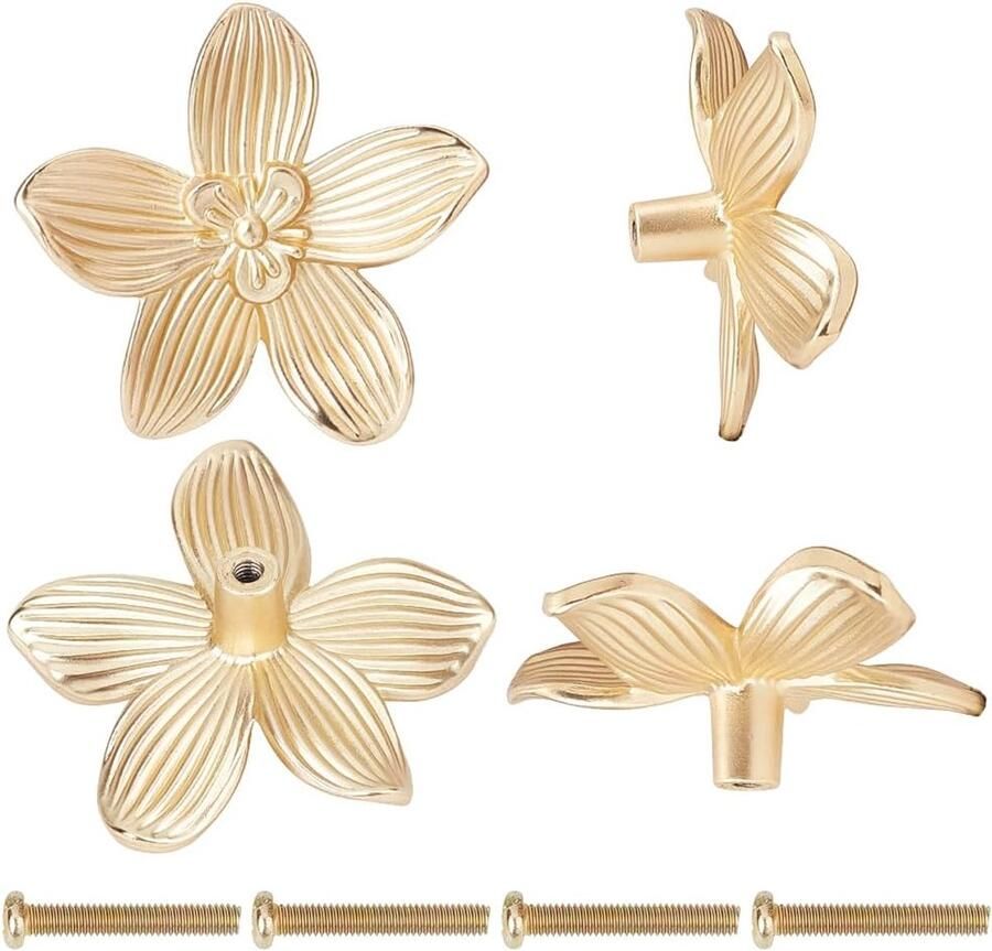 6 set Ladeknoppen Gouden Bloemvormige Kastknoppen Dresser Handgrepen Lade Alloy Handvat Hardware Enkel Gat met Schroeven voor Keuken Kastdeur 56x58.5mm