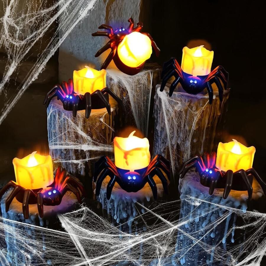 6 STKS Halloween Kaarsen Vlamloze Halloween LED Theelichtjes Spider Kaars Theelichtjes Halloween Decor Batterij Operated Halloween Lamp LED Kaars Lantaarns Nep Kaarsen Halloween Party Decoraties