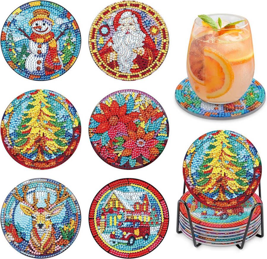 6 Stks Kerst Kerstman Diamant Schilderen Onderzetters Kits voor Drankjes met Houder Kerstboom Herten Bloem Truck Diamant Art Coaster Set Thuis Kamer Keuken Bar Decoraties