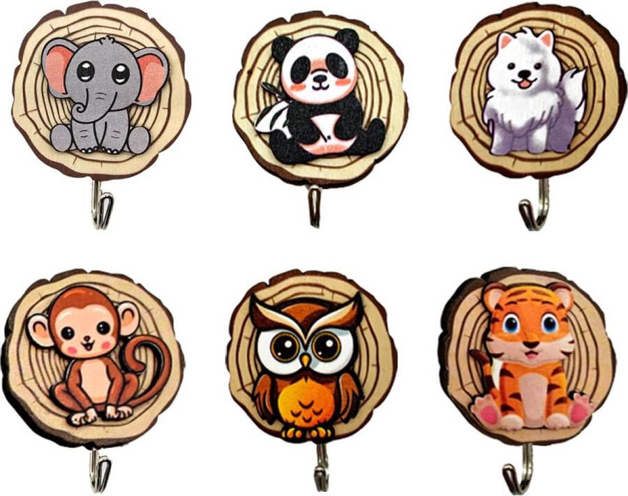 6 Stks Kinderen Kapstok Haken Zelfklevend Cartoon Dier Houten Muur Opknoping Stok Voor Handdoek Hoeden Sleutel Badkamer Toilet Keuken