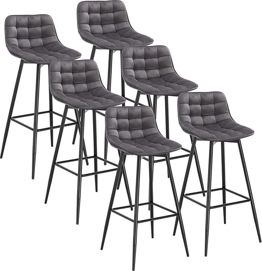 6 Stuck Barkrukken in Fluweel en metaal hoge kruk Barstoelen Donkergrijs BH143dgr-6