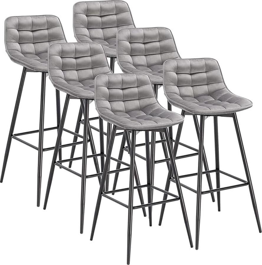 6 Stuck Barkrukken in Fluweel en metaal hoge kruk Barstoelen Lichtgrijs BH143hgr-6