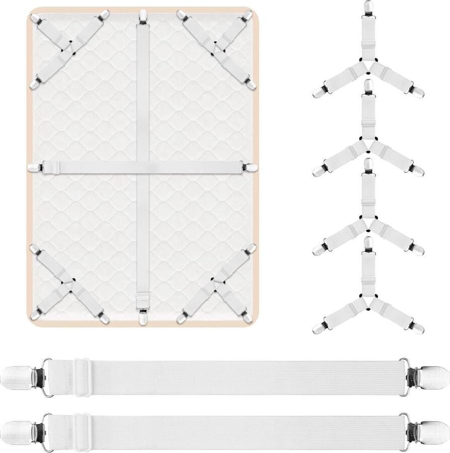 6 stuks bedlakclips verstelbare lakenriemen met clips matrasbevestigingen om lakens op hun plaats te houden elastische hoekriemen voor beddengoed bankkussen-wit 3 clips en 2 clips