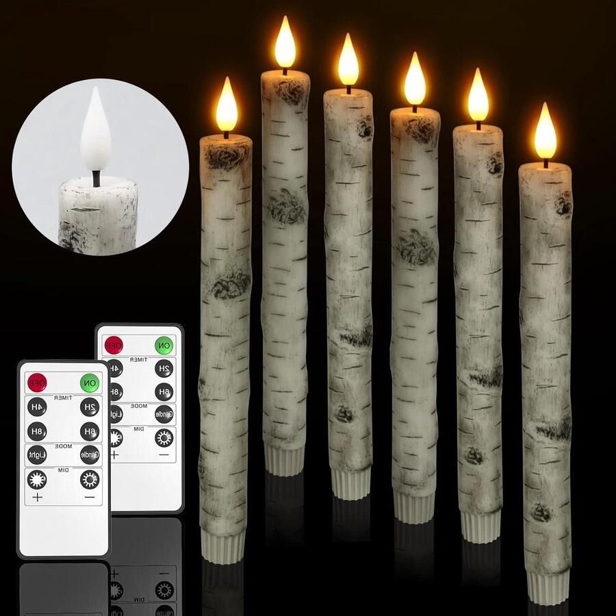 6 stuks Berken Led-staafkaarsen met afstandsbediening Echte was Flikkerende vlamloze Op batterijen Rustieke kaarsen Voor Halloween Xmas Feestdecoratie Warm wit