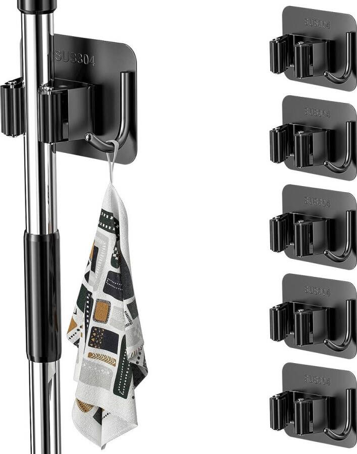 6 stuks bezemhouder muur zelfklevend apparaathouder muurbeugel 304 roestvrij staal haakbezemhouder zonder boren dweilhouder tuingereedschaphouder voor keuken kasten garage tuin (zwart)