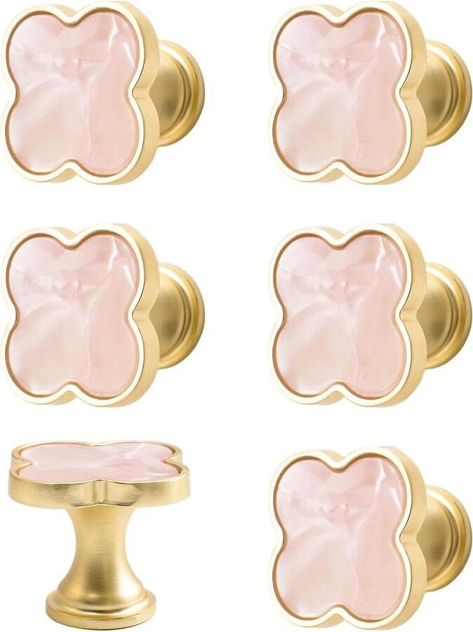 Allecto Premium Set van 6 klavertje vier handvatten voor kast en lade Multifunctioneel Zinklegering knoppen Gouden basis met roze oppervlak Voor dressoir en kledingkast Meubelaccessoires