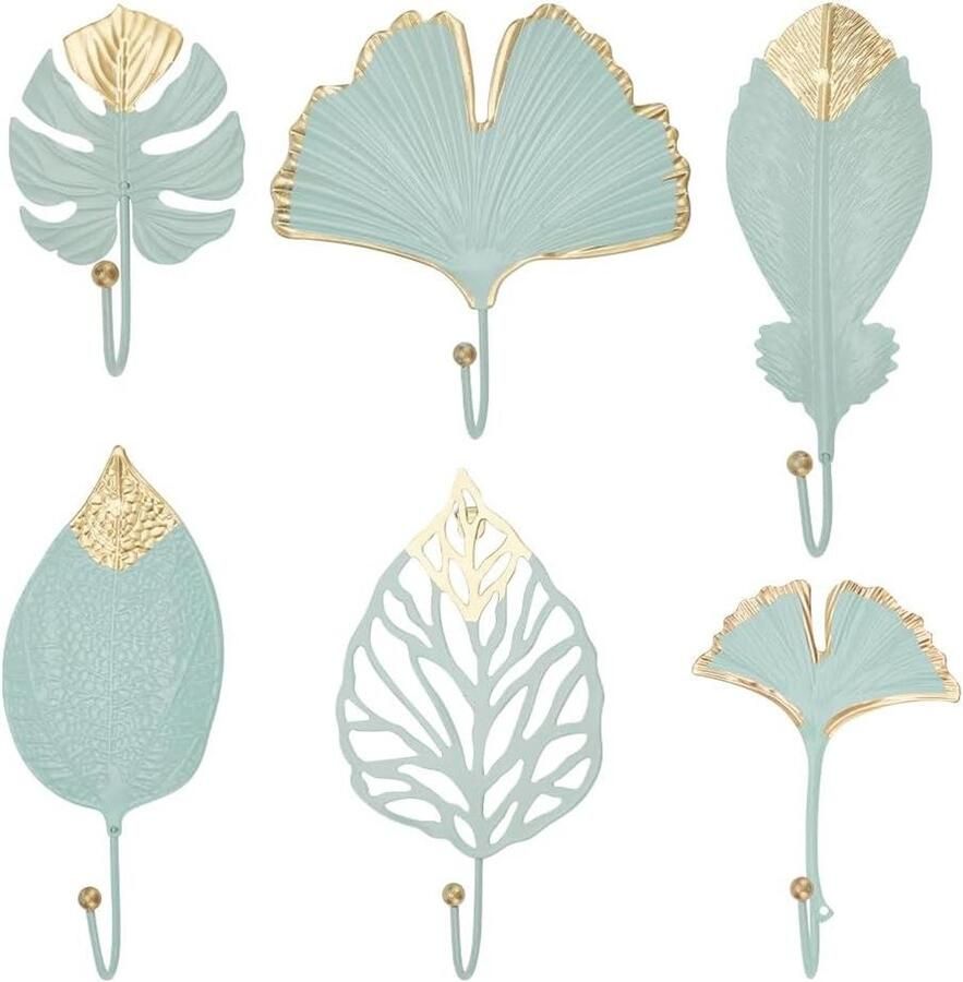 6 stuks decoratieve ijzeren wandhaken in lichtgroen met bladerenmotief Set van 6 niet-geponste haken voor kapstok Botanische enkele klauw haken voor kamer en woonkamer Wanddecoratie met groene ijzeren haken