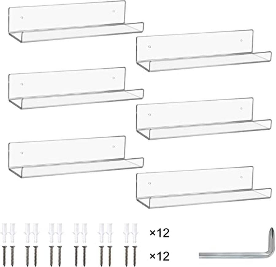6 Stuks Doorzichtige Zwevende Planken 38 cm Acryl Wandrek voor Boeken Decoratie en Keuken