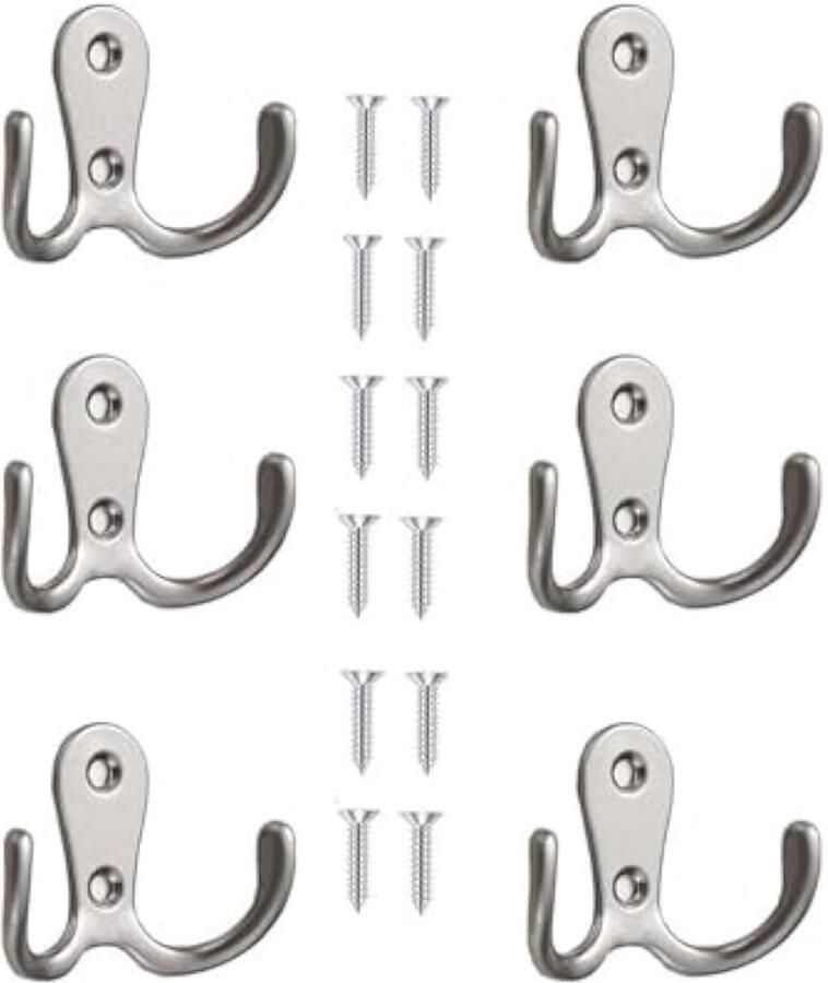 6 stuks dubbele prong gewaad haken dubbele kapstok haken muur gemonteerde opknoping kleding voor badkamer slaapkamer deur muur retro metalen doek hanger dubbele kapstok haken met 8 schroeven