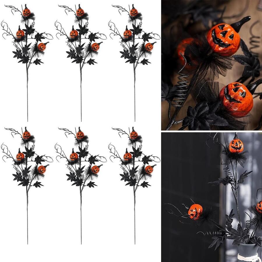 6 stuks Halloween-takken prikkers stengels kunstmatige Halloween-prikkers met pompoen esdoornbladeren zwarte twijgen en takken voor Halloween doe-het-zelf tafel vaas bureau feest bloemendecoraties