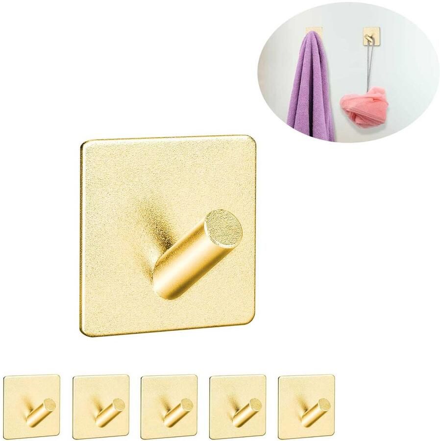Handdoekhaken 4 2 x 4 2 cm Vierkant Zelfklevend Hoogglans gepolijst Roestvrij staal Set van 6 Voor keuken badkamer kasten kantoor Extra sterk en duurzaam Om spullen op te hangen Waterdichte wandhaak Geen spijkers nodig Goud
