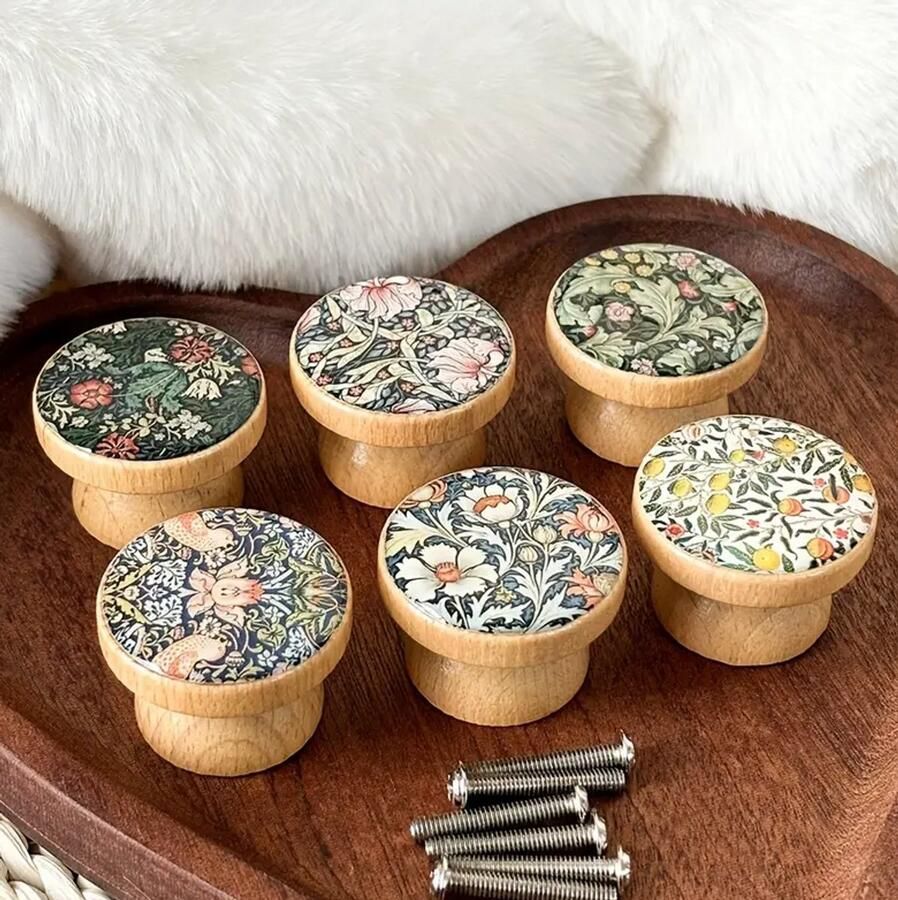 6 stuks Handgemaakte Beukenhouten Meubelknoppen – Bloemenmotief – Decoratieve Kastgrepen & Ladeknoppen – Enkel Gat Ontwerp