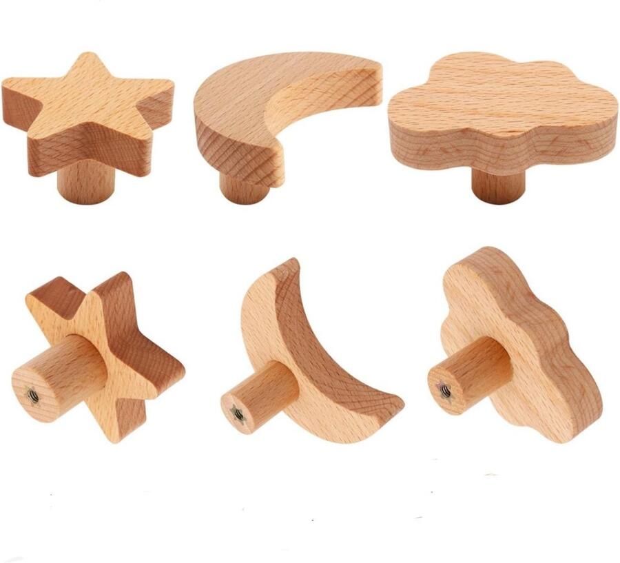 6 stuks Houten handgrepen Kastgrepen Ladegrepen Decoratieve handgrepen Ster- en maanvormige handgrepen Wolkvormige handgrepen Meubelgrepen Decoratieve artikelen Geschikt voor woonkamer slaapkamer kast