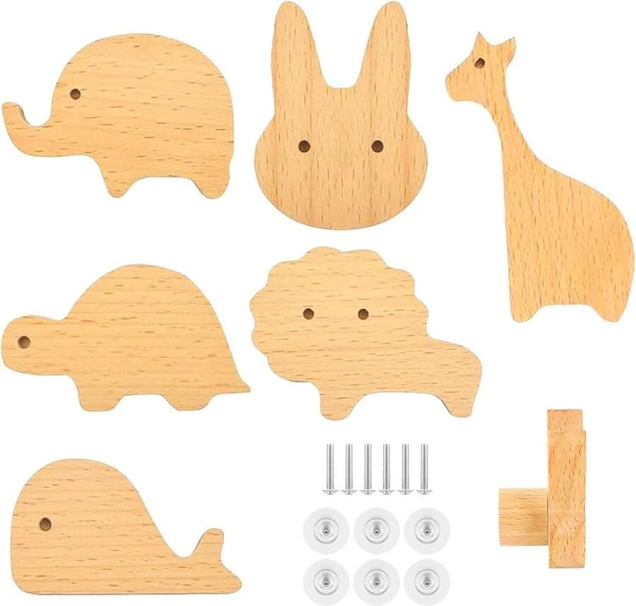 6 stuks houten kastknoppen dierenpatronen voor kinderkamer Zelfklevende meubelknoppen voor meubels