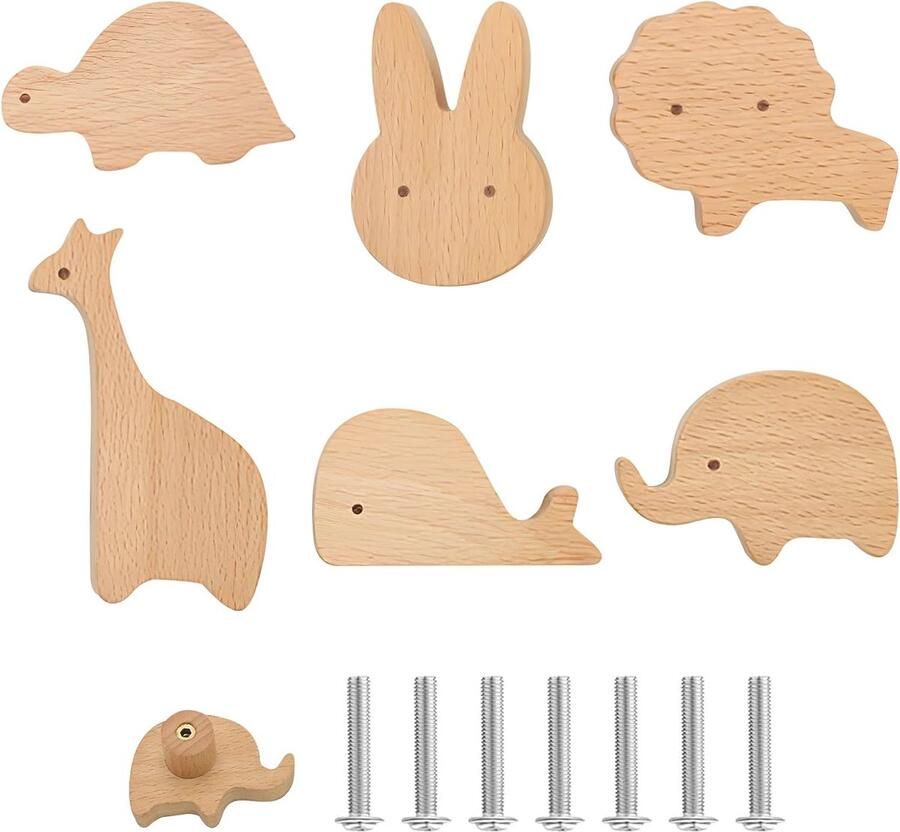 6 stuks houten kastknoppen diervorm voor kinderkamer met schroeven