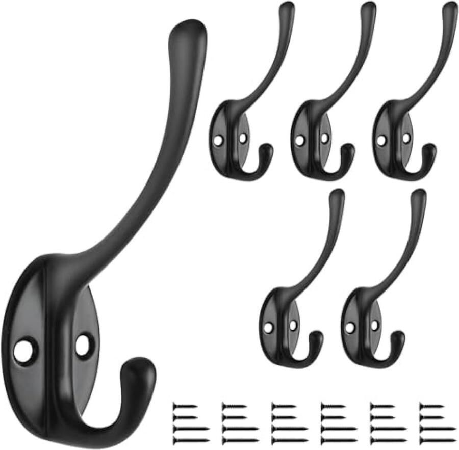6 stuks kapstok muur kledinghaken antieke hoed gemonteerde haak zware dubbele kapstok met 12 schroeven voor badkamer slaapkamer paskamer (mat zwart)