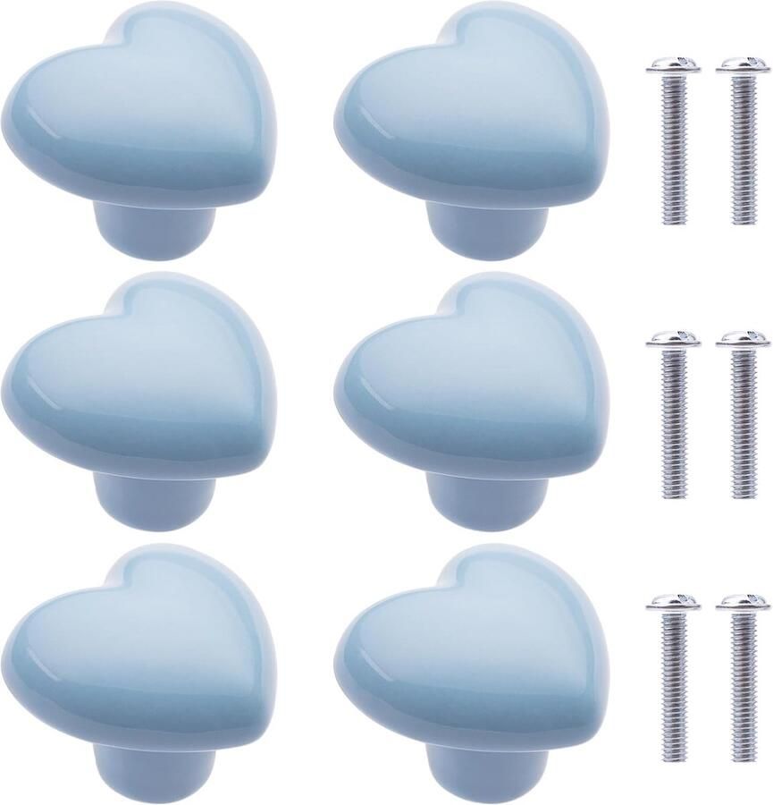 6 stuks Kastgreep Ladegrepen Keramische kastgrepen Keramisch handvat hartvormig met schroeven meubelaccessoires voor lades kasten en keukenmeubelen 4*3 6*3 1 cm blauw