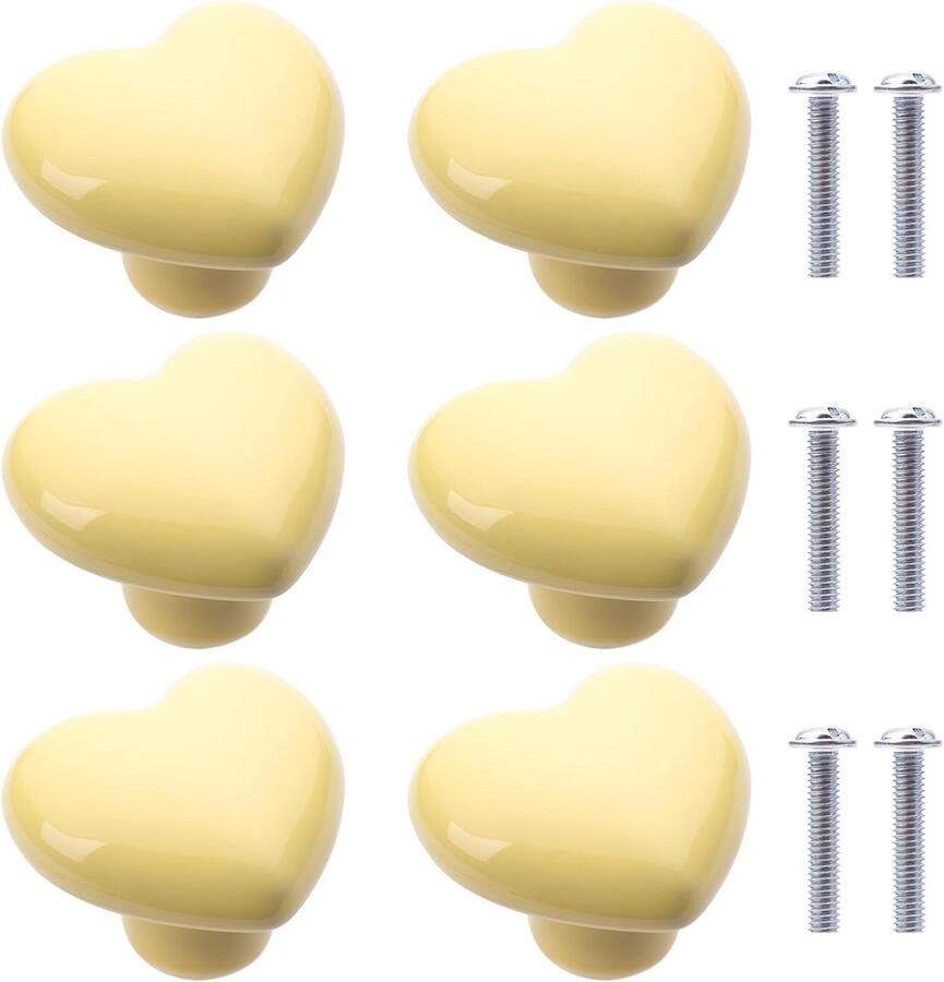 6 stuks Kastgreep Ladegrepen Keramische kastgrepen Keramisch handvat hartvormig met schroeven meubelaccessoires voor lades kasten en keukenmeubelen 4*3 6*3 1 cm geel
