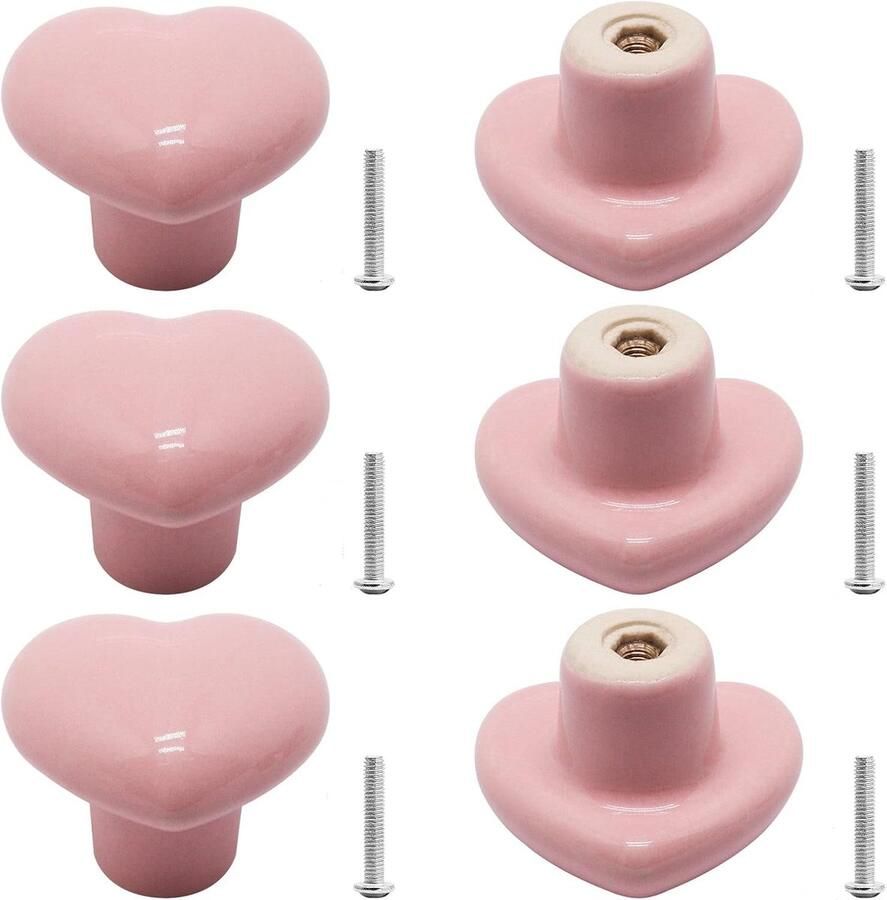 6 stuks Kastgreep Ladegrepen Keramische kastgrepen Keramisch handvat hartvormig met schroeven meubelaccessoires voor lades kasten en keukenmeubelen 4*3 6*3 1 cm roze