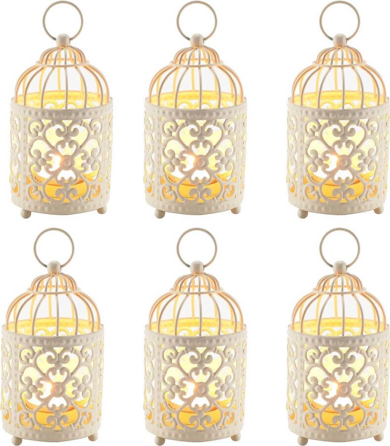 6 stuks kleine metalen kaarshouders om op te hangen vogelkooi theelichtlantaarn holle kaarsenhouder voor tafel bruiloft feest Valentijnsdag terras binnen en buiten geschenken (wit)