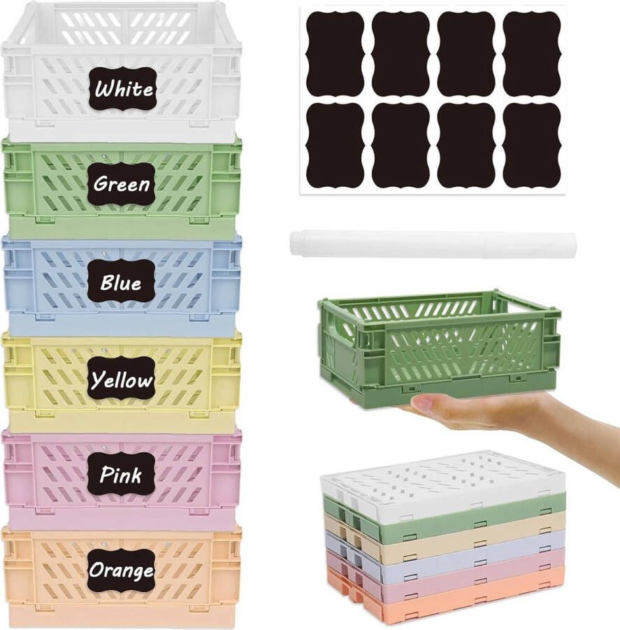 6 stuks kleine vouwdozen kunststof mini-vouwmand stevig stapelbaar kleurrijke vouwdozen voor plank keuken slaapkamer badkamer kantoor (15 x 9 8 x 5 7 cm)
