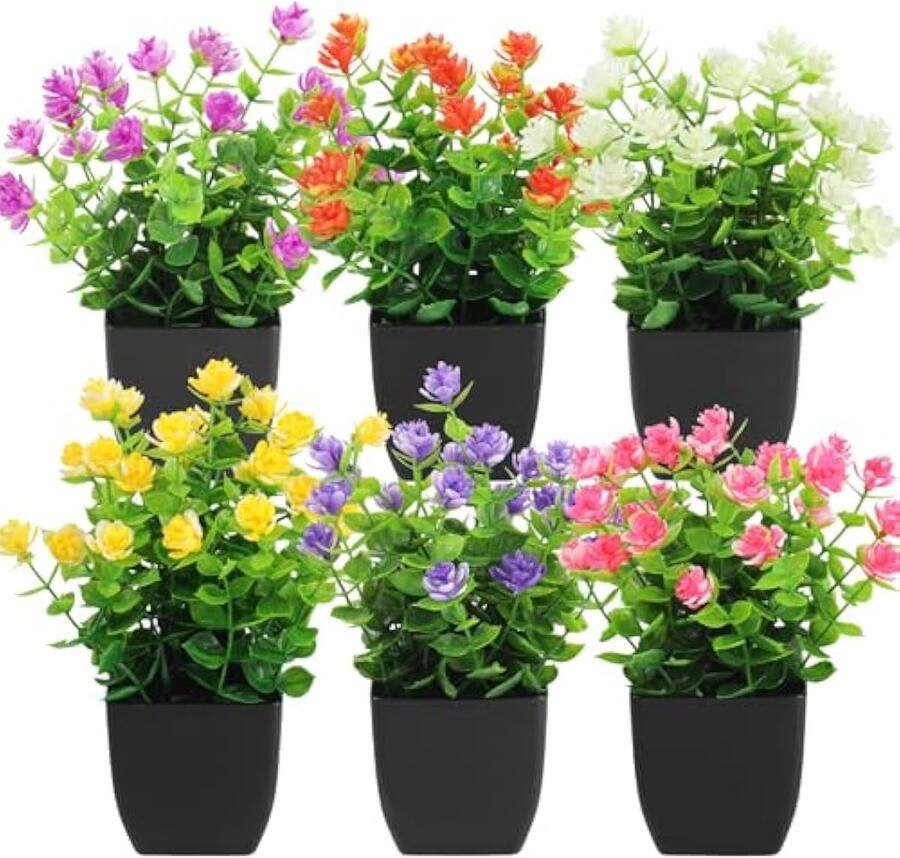 6 stuks kunstbloemen 18 cm kunstplant plastic bloemen met zwarte pot mini groene planten kunstbloemen voor buiten slaapkamer tafel badkamer decoratie
