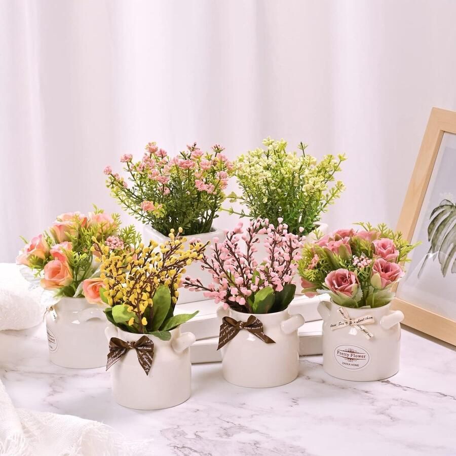 6 stuks kunstbloemen met vaas nep bloemstukken in keramische potten kleine faux bloem voor woondecoratie bruiloft tafel middenstuk plank woonkamer slaapkamer kantoor feest decor